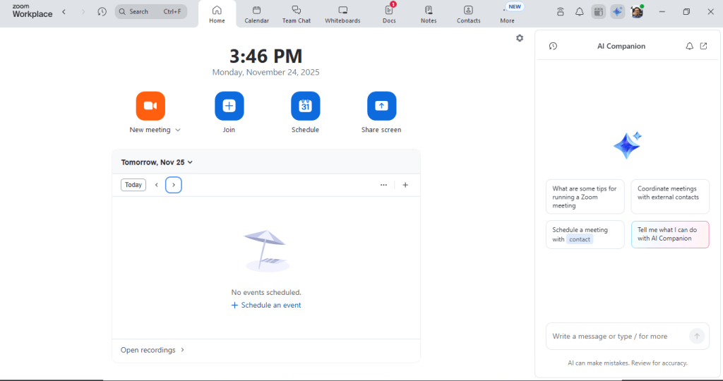 Zoom AI Companion pada saat membuka aplikasi Zoom