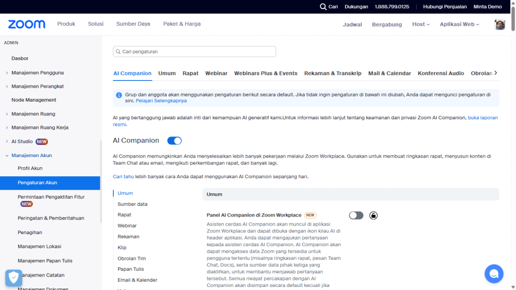 Pengaturan Admin Zoom AI Companion